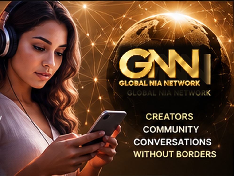 Woman wearing headphones using a mobile phone beside a connected globe and GNN identity